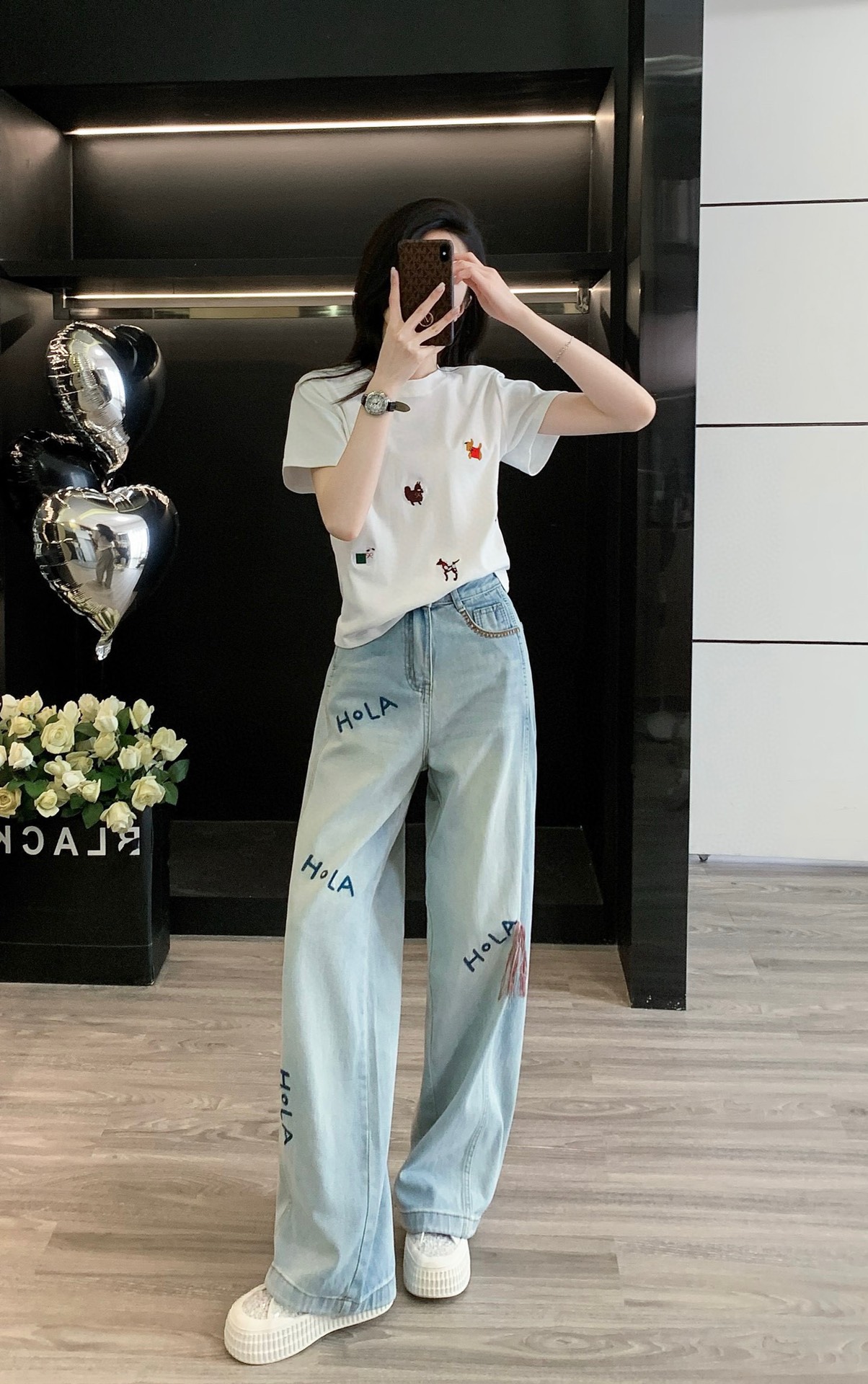 High-Quality Female Suit with Exchange Support: Summer Embroidered T-Shirt Jeans Suit. - 图片 5