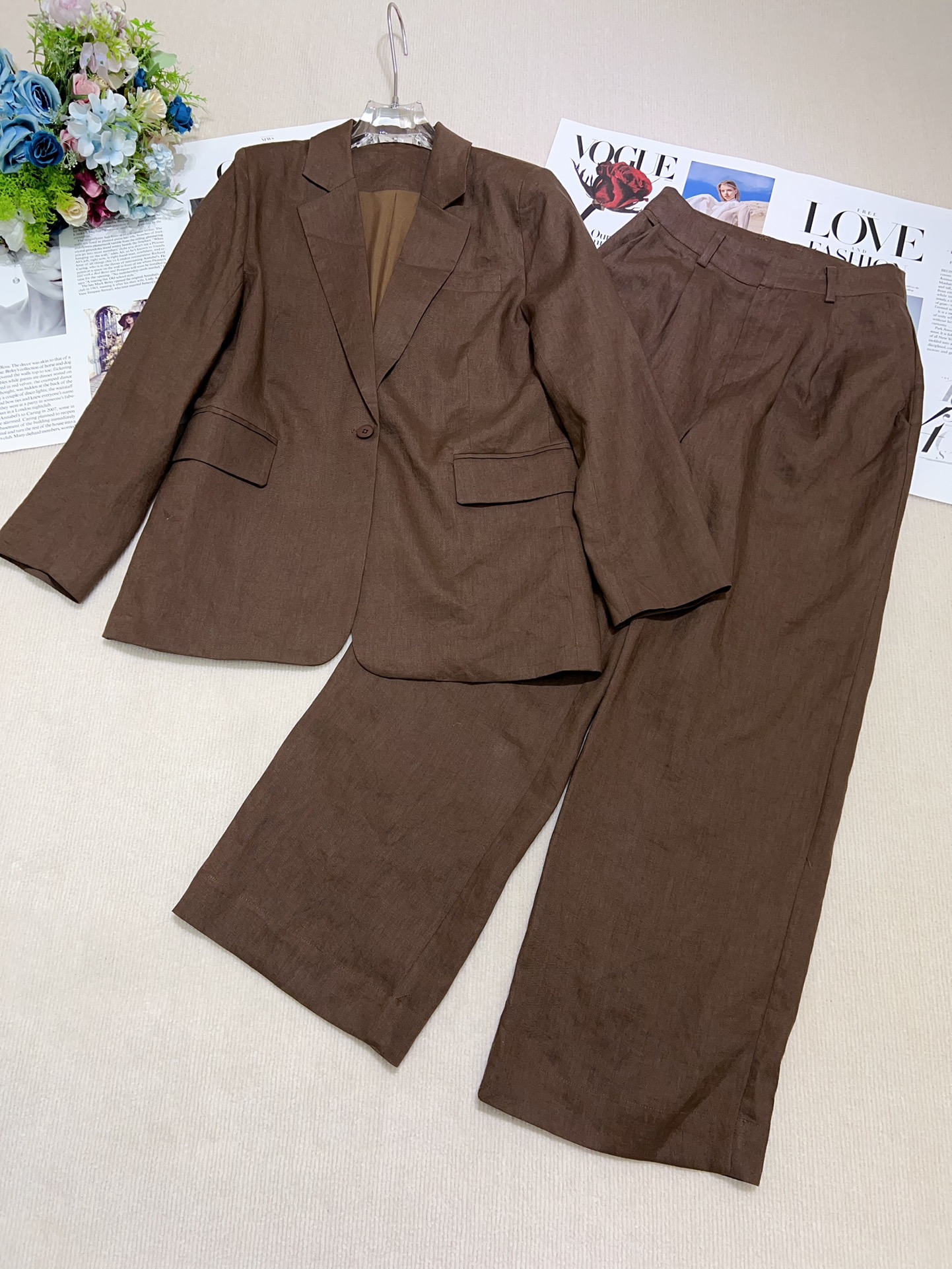 High-End Women’s Suit Set: Quality Fabric, Old Man Style, Various Sizes, Blue & Pink - 图片 4