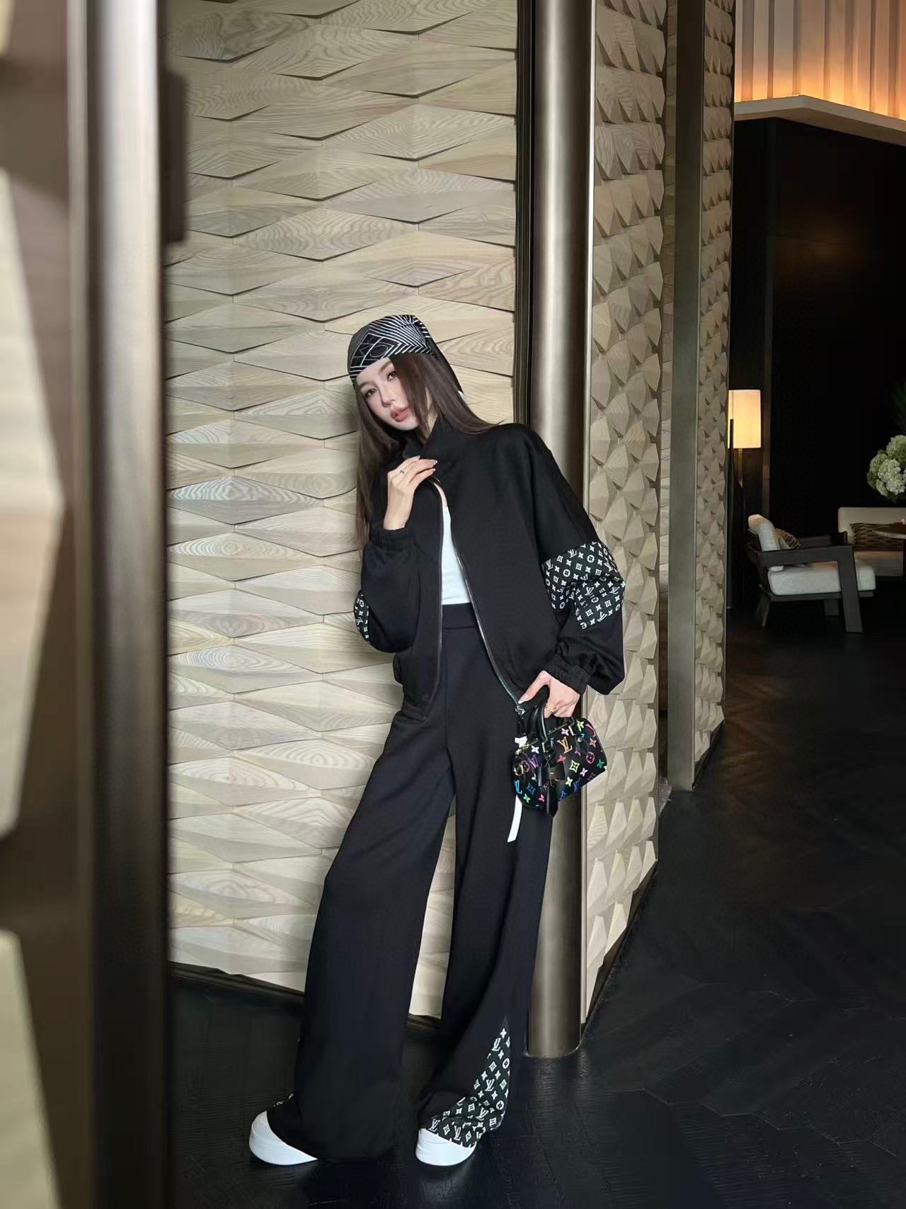 Louis Vuitton Women's Black Checkered Patchwork Tracksuit Set