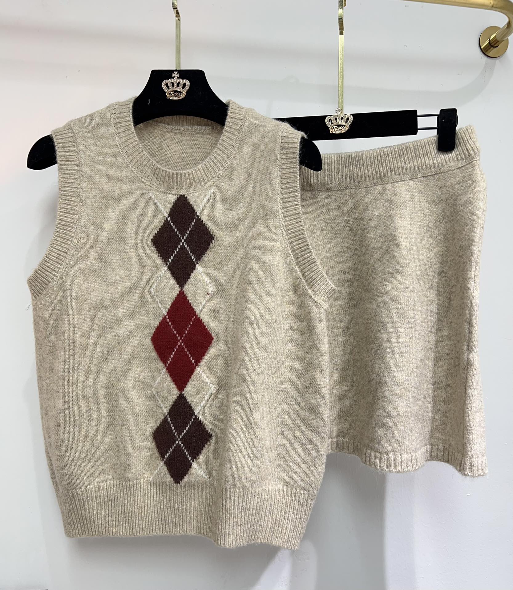 Miu Miu Inspired Knitwear Set - Beige Diamond Pattern, Three-Piece Outfit 5 i1761411521 1573 7