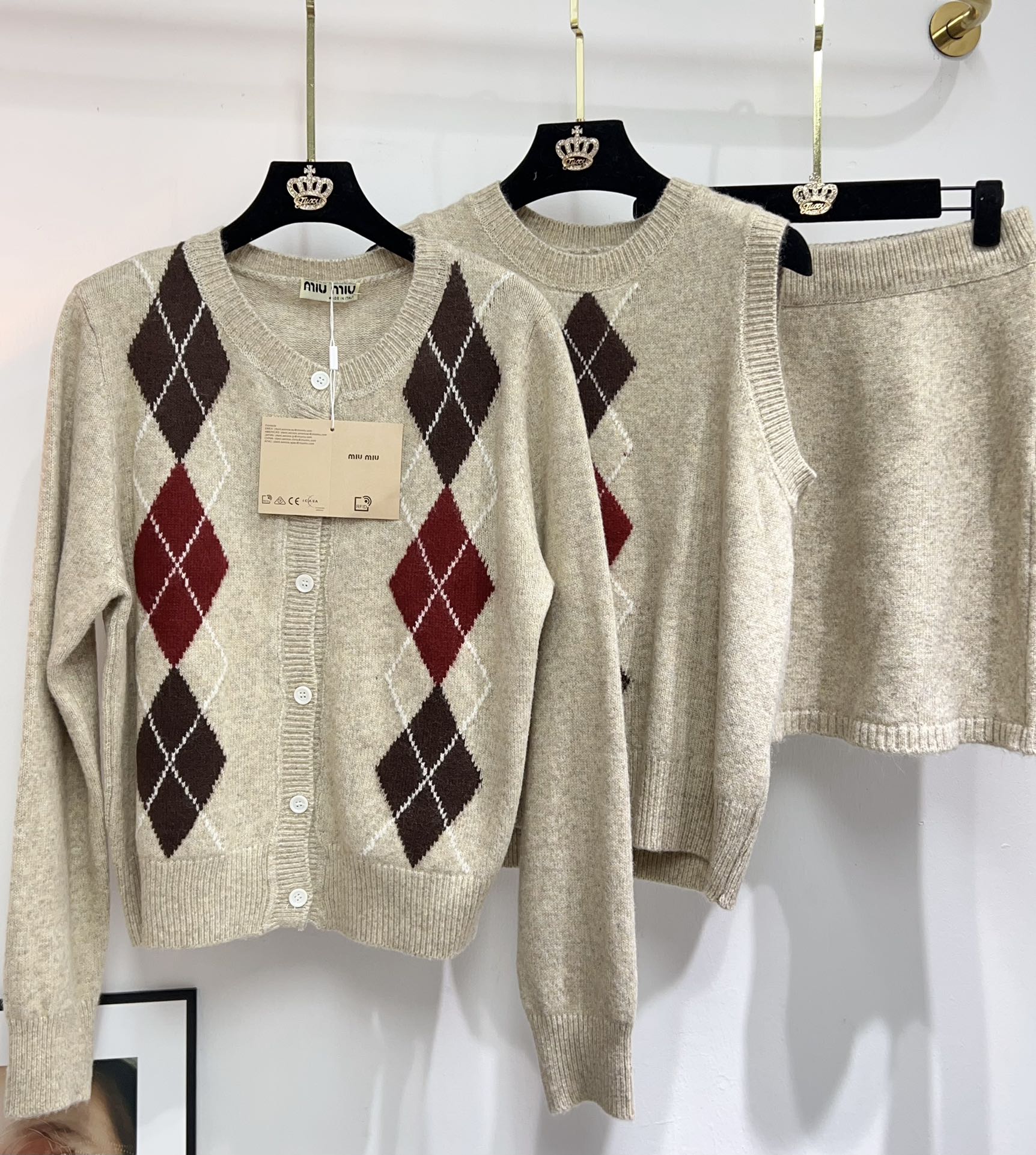 Miu Miu Inspired Knitwear Set - Beige Diamond Pattern, Three-Piece Outfit 4 i1761411521 3387 5