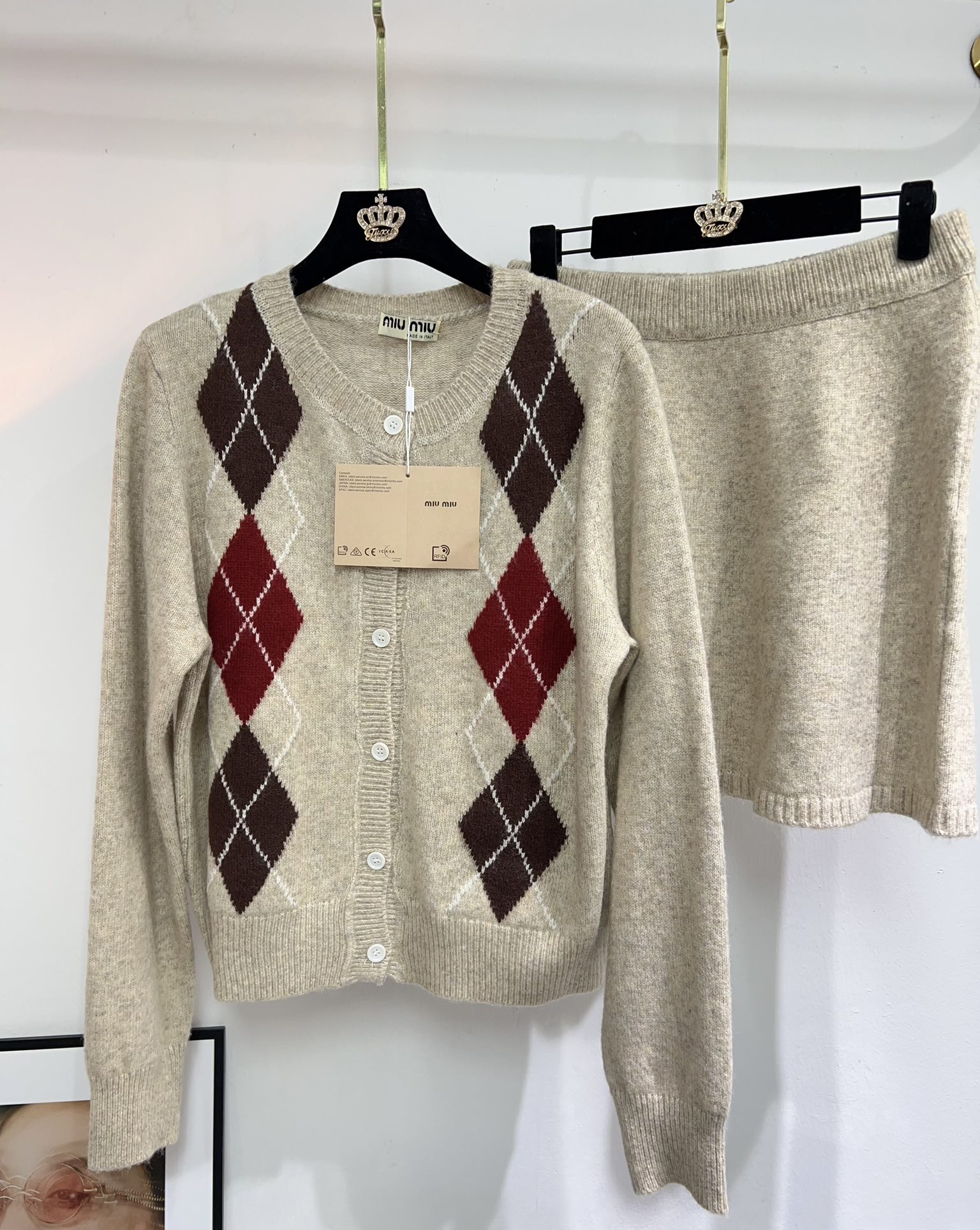 Miu Miu Inspired Knitwear Set - Beige Diamond Pattern, Three-Piece Outfit 6 i1761411521 8773 8