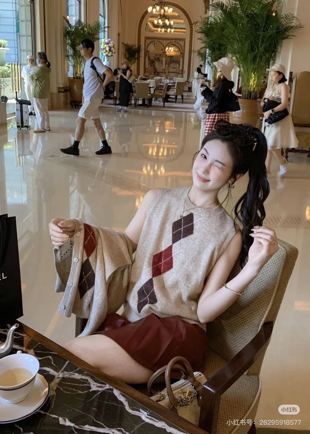 Miu Miu Inspired Knitwear Set - Beige Diamond Pattern, Three-Piece Outfit 3 i1761492769 4203 1