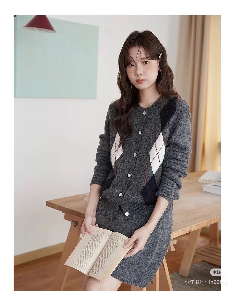 Miu Miu Inspired Women's Gray Argyle Knit Three-Piece Set: Sweater, Skirt, & Vest 3 i1761492793 4033 2