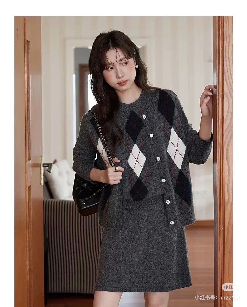 Miu Miu Inspired Women’s Gray Argyle Knit Three-Piece Set: Sweater, Skirt, & Vest