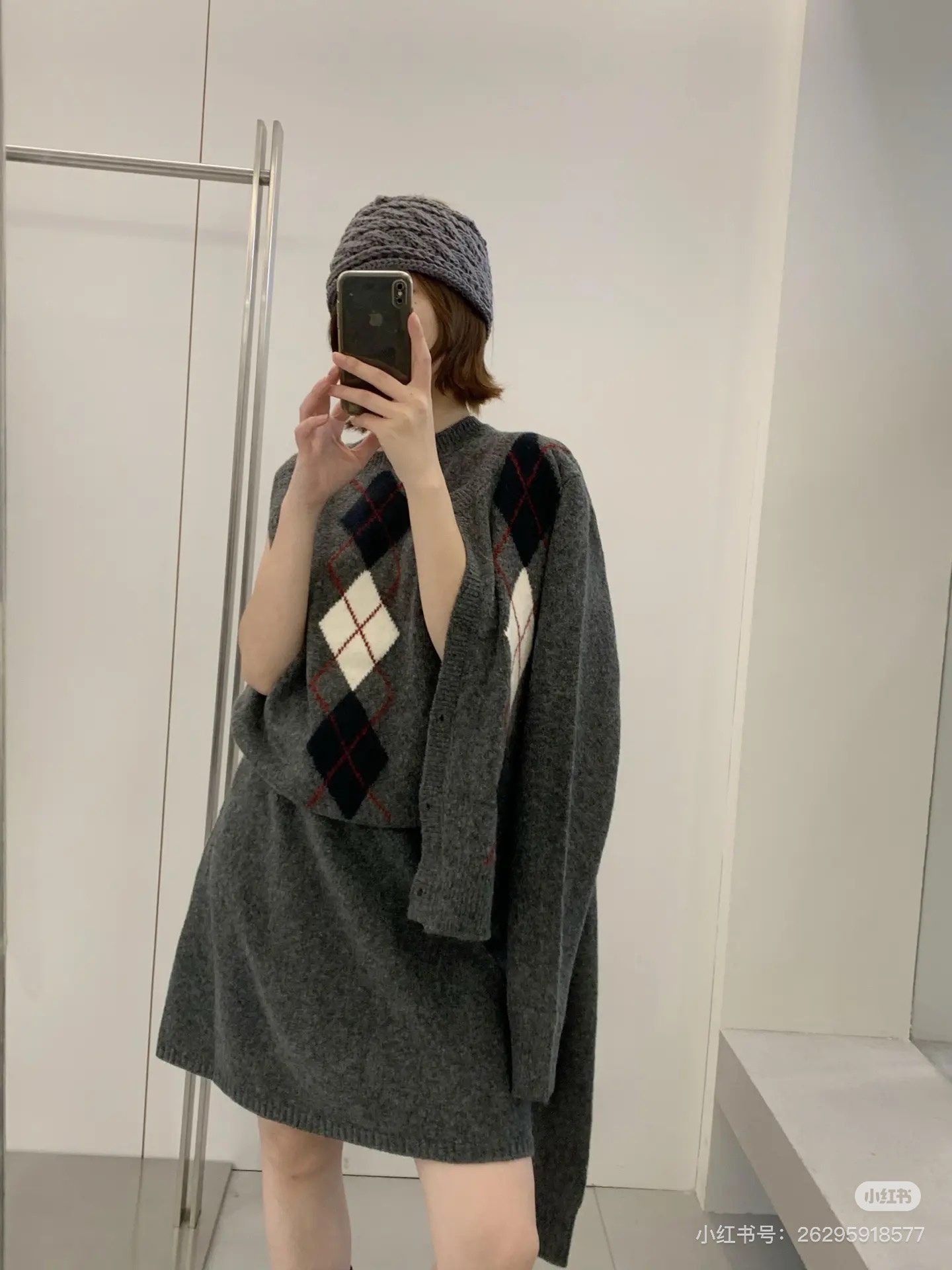 Miu Miu Inspired Women's Gray Argyle Knit Three-Piece Set 3 i1761492821 4203 4