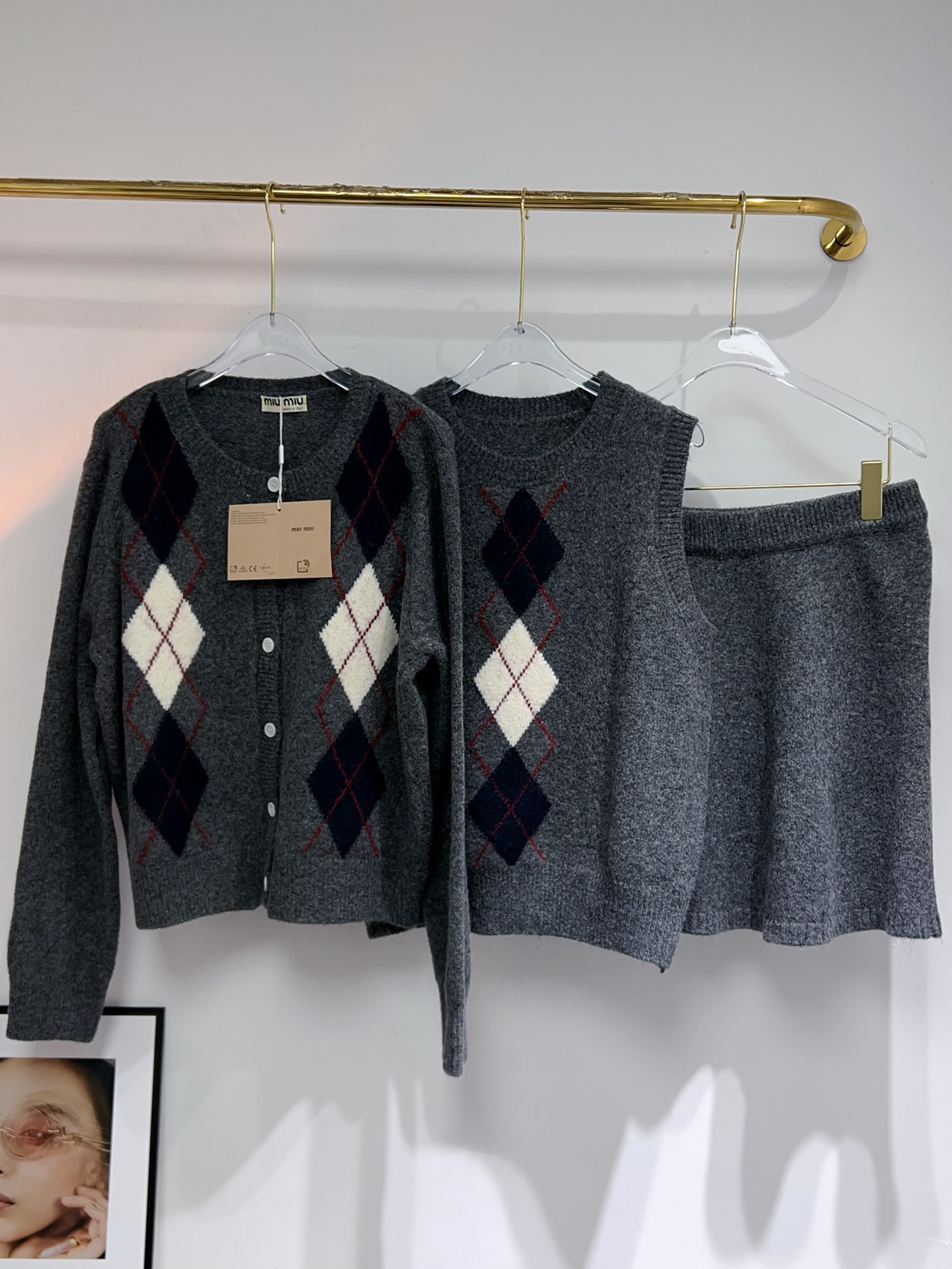 Miu Miu Inspired Women's Gray Argyle Knit Three-Piece Set 5 i1761492821 9422 7