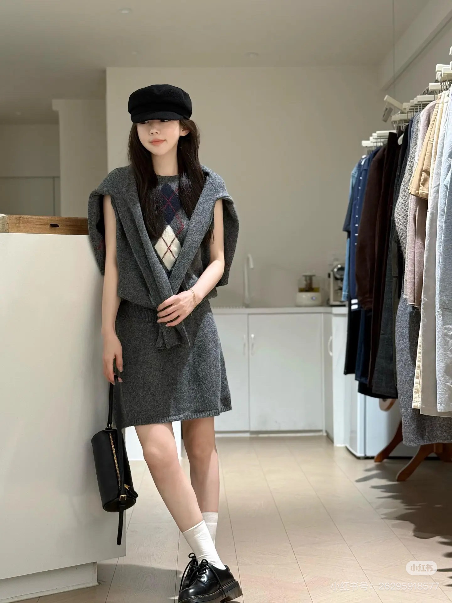 Miu Miu Inspired Women’s Gray Argyle Knit Three-Piece Set