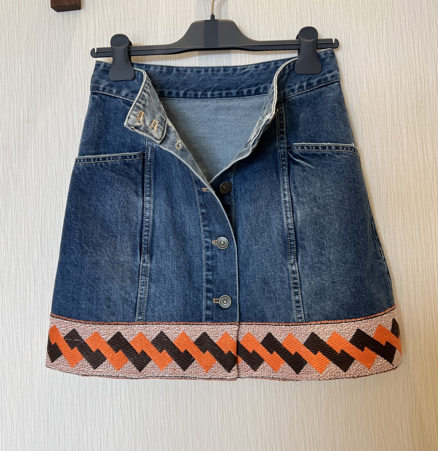 Denim Mini Skirt with Embroidered Hem, High Waist A-Line Button Front 10 i1740972192880 24 0 9