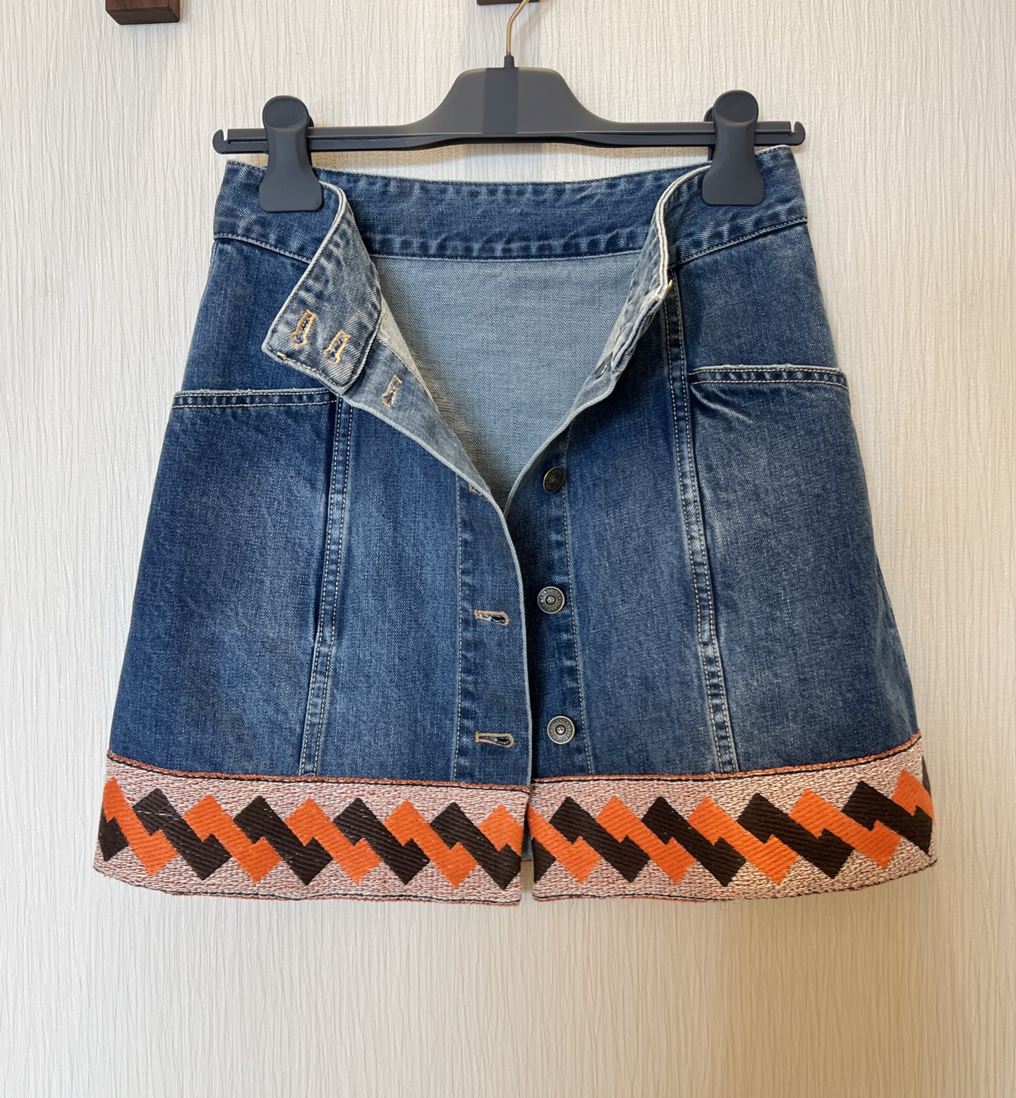 Denim Mini Skirt with Embroidered Hem, High Waist A-Line Button Front 12 i1740972194566 9732 0 11