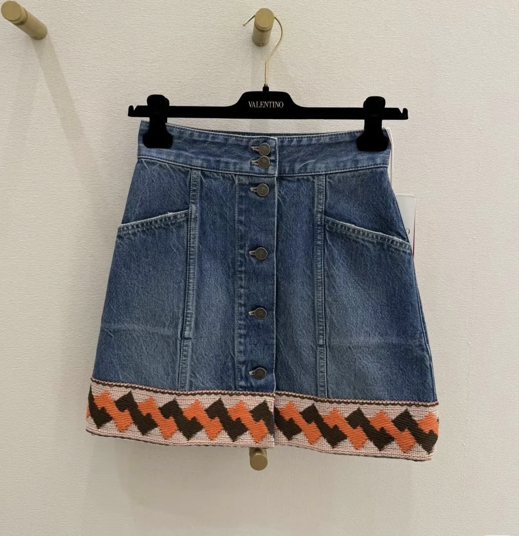 Denim Mini Skirt with Embroidered Hem, High Waist A-Line Button Front 3 i1740972194963 5896 0 0