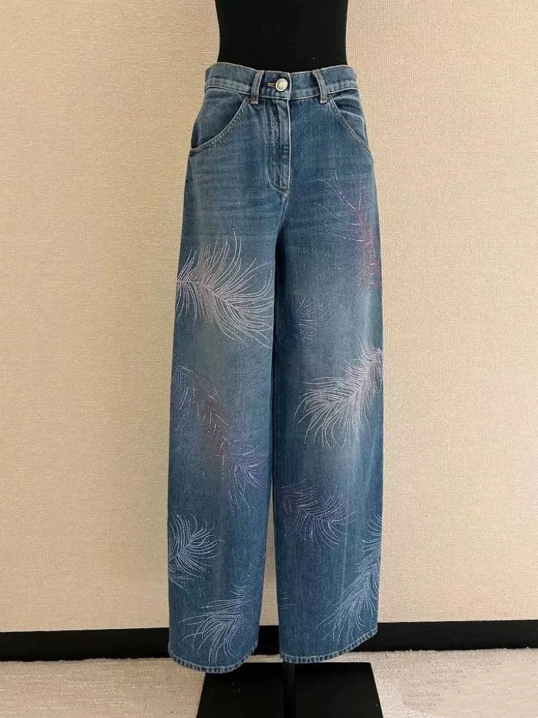 Feather Rhinestone Wide Leg Jeans - Soft Denim, High Waist, Vintage Wash 6 i1745046918890 3346 0 4