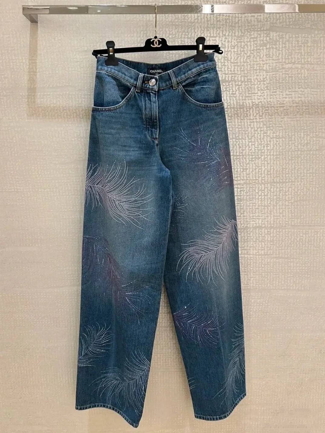Feather Rhinestone Wide Leg Jeans - Soft Denim, High Waist, Vintage Wash 4 i1745046918950 8293 0 2