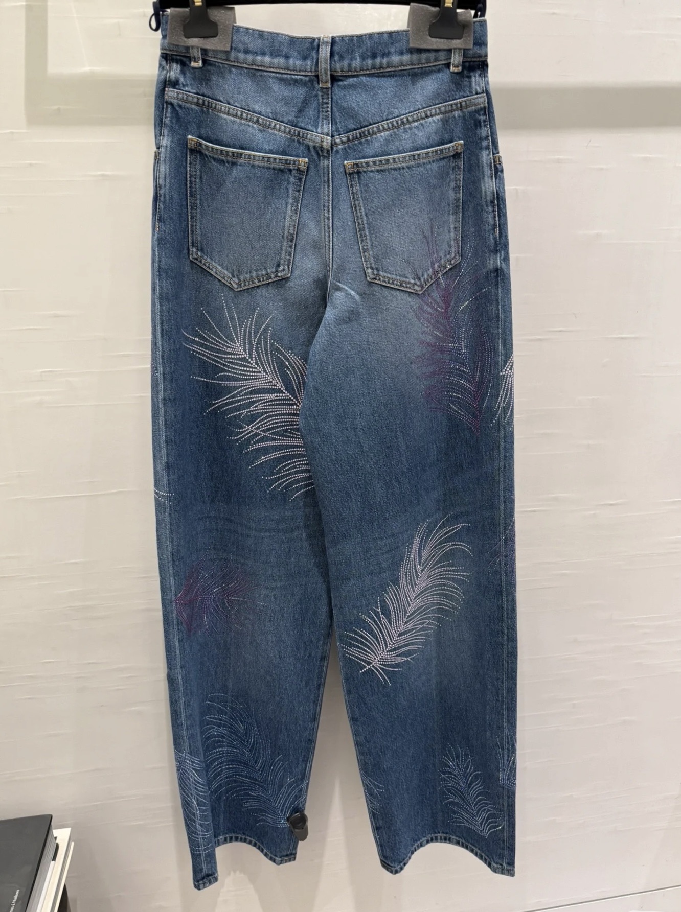 Feather Rhinestone Wide Leg Jeans - Soft Denim, High Waist, Vintage Wash 3 i1745046918962 1452 0 1