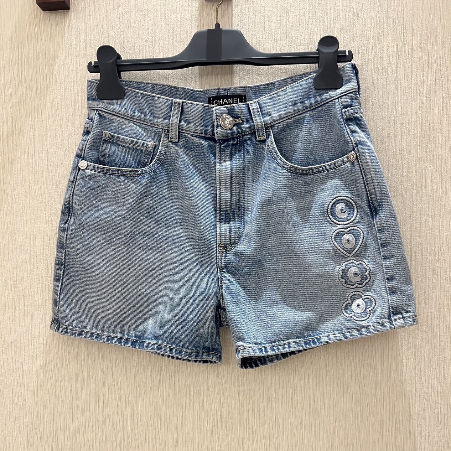 Light Blue Denim Shorts with Letter Embroidery - High Waist, Slim Fit 2 i1747456514755 7933 0 0