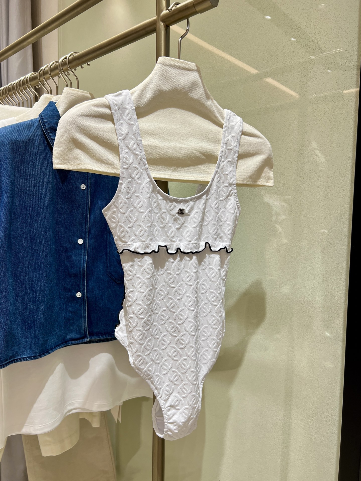 Elegant Black & White Swimsuit Bodysuit with Jacquard Texture & Rhinestone Logo 2 i1748144338256 8743 0 0