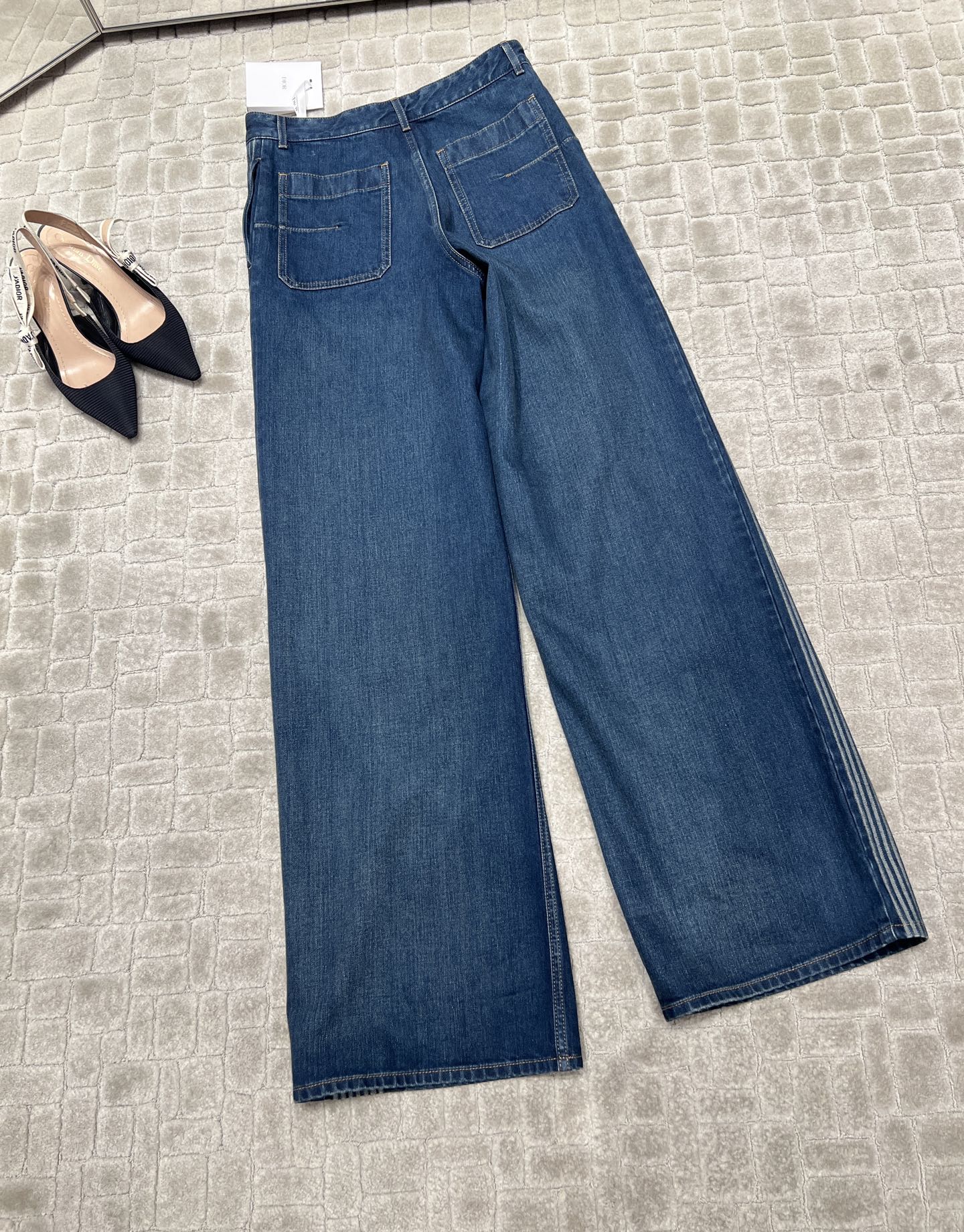 Women's Dark Blue Wide Leg Jeans with Vintage Wash and Velvet Stripes 3 i1748752463182 6724 0 1
