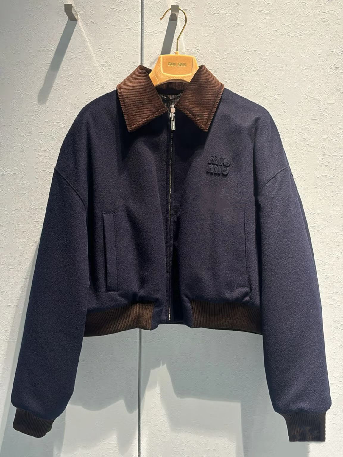 M*U Corduroy Collar Short Jacket - Navy Blue, Embossed Logo, Sweet Academia Style 6 i1760780348800 9822 0 4
