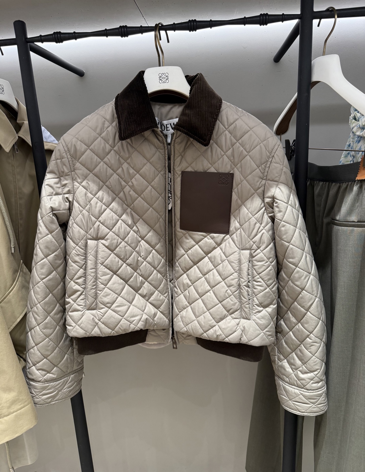 Loewe Diamond Quilted Cotton Jacket – Lightweight Tech Fabric, Corduroy Collar