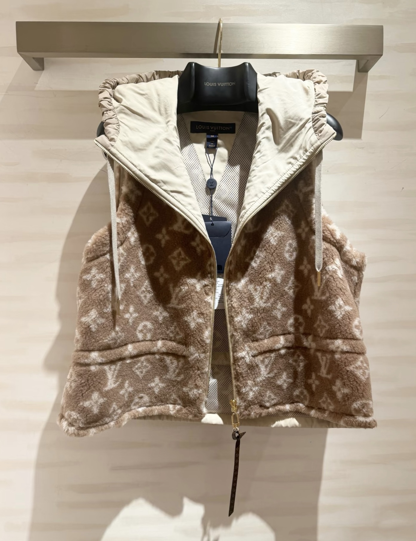 L* Monogram Wool Vest Hoodie, Caramel Lambswool, Casual and Warm, Size 36-40