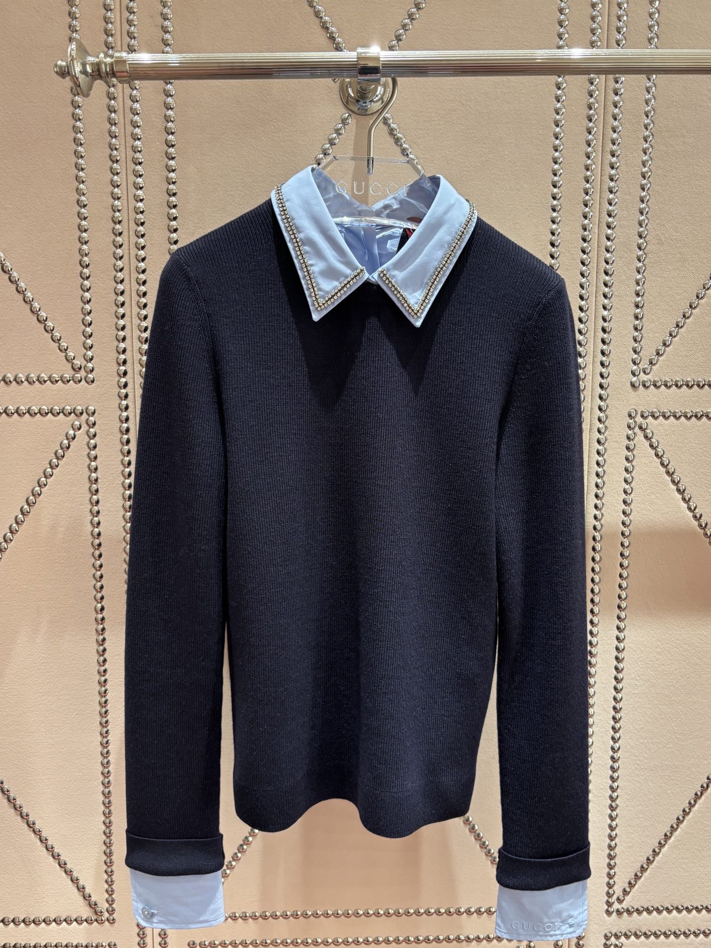 Elegant Navy Blue Knit Top with Rhinestone Collar Detail – Versatile Style