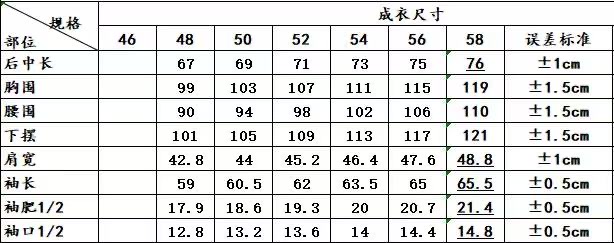 565尺码表…………………