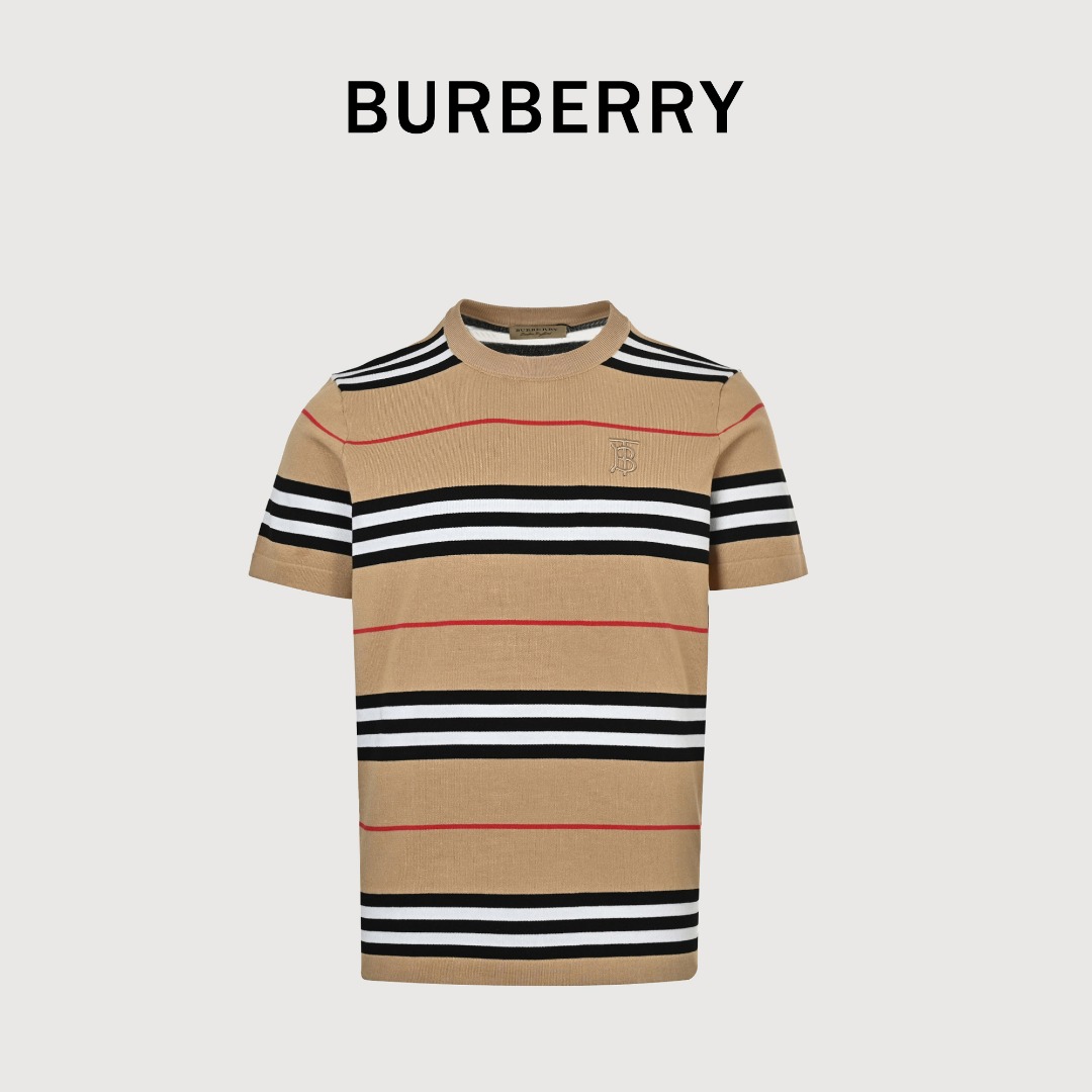 Burberry/巴宝莉24ss春夏新款条纹拼接针织短袖T恤 精工细作舒适与透气性备受青睐独特色调巧妙运用时尚线条设计意大利进口羊毛针织面料绒面感极强极细腻 软糯入骨可直接贴身穿着毫无刺痛感穿着超级舒适保暖上身效果超好男女同款三标齐全 颜色:撞色