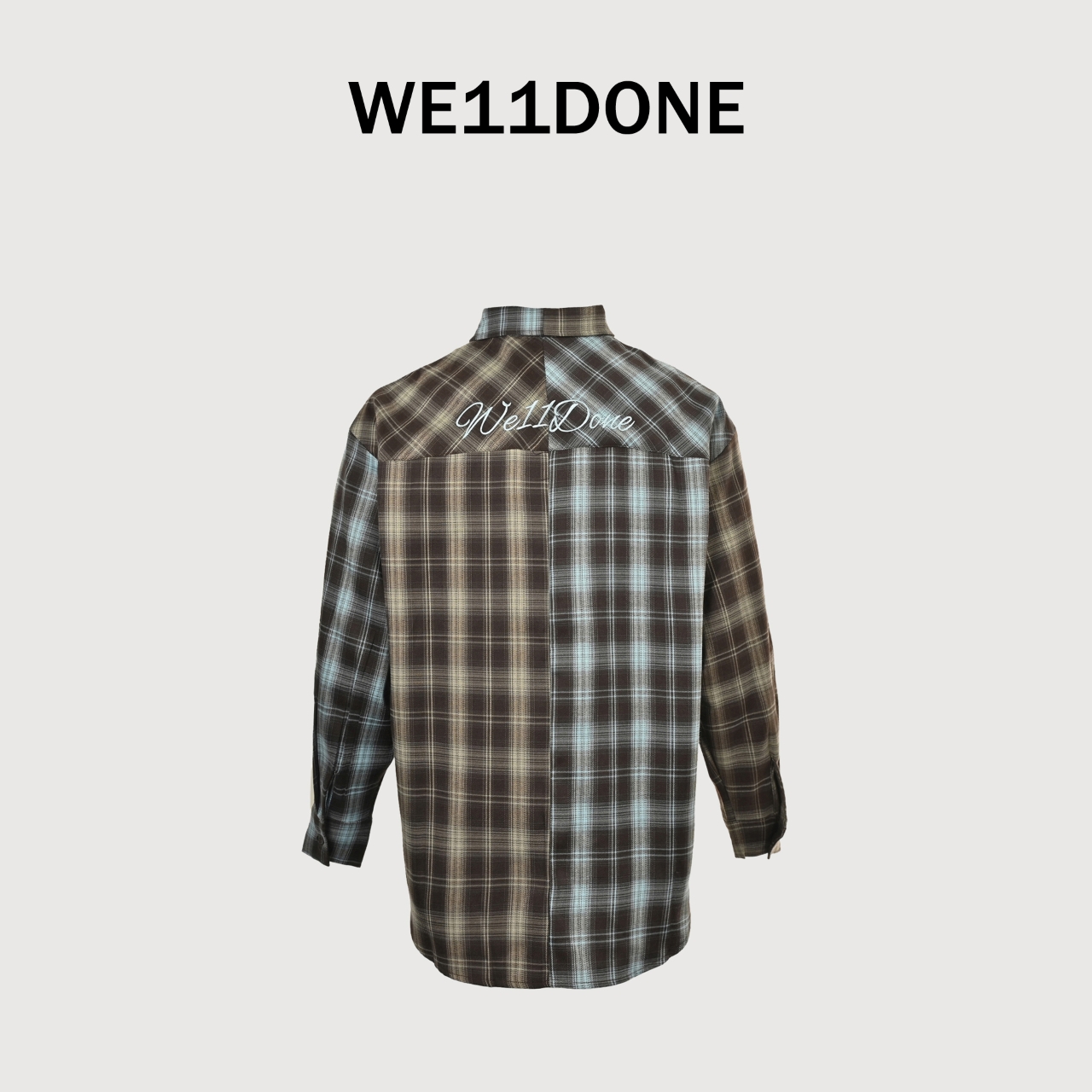 We11 done秋季新款美式复古字母刺绣拼接撞色格子长袖衬衫