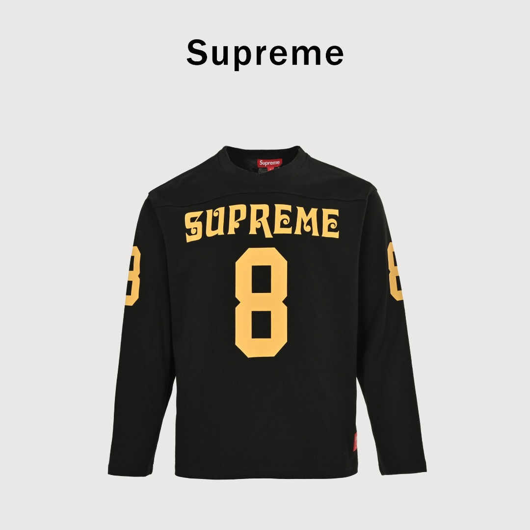 本地自取💰210
SUPREME SS25 AFFILIATED L/S FOOTBALL TOP 美式8号梵文字体长袖T恤
  原版购入开发单品 面料横纹全棉高密度 有质感同时亲肤舒适 胸口超大品牌数字8印花 袖臂也有同样印花呼应 大身整体拼接工艺 左下下角有红色草写Supreme带尺码小贴布 三标齐全 后背大幅印花 原版品质 细节一致 针织面料 十星 强推单品
SIZE:S-XL