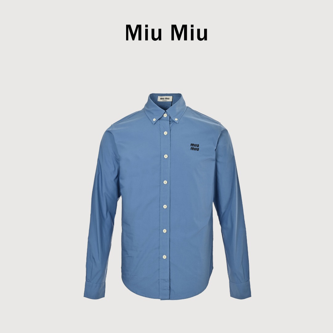 本地自取 💰250 MiuMiu/缪缪 蓝色小标棉质珠地长袖衬衫 正品14200购入开发，定染双股珠地210克，进口刺绣，面料酵洗，定制1：1贝壳纽扣，定制1：1商标，合身版型 Size:S-XL