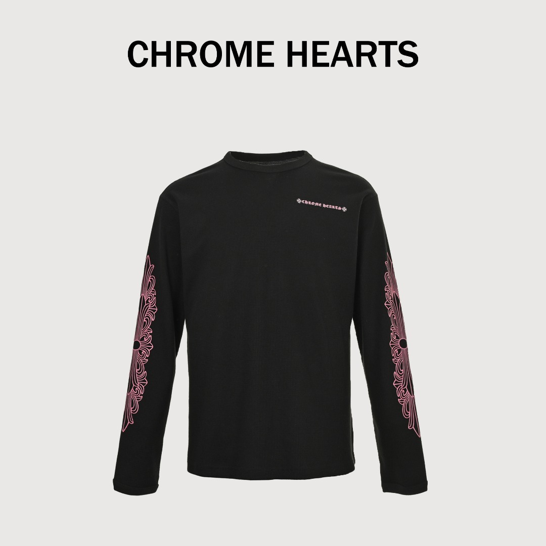 本地自取💰200 CHROME HEARTS克罗心CH 后背粉印梵文华夫格长袖T恤 原版杭州国专18000购入，面料采用280克全棉华夫格材质，印花采用白墨烫画工艺，片裁+成衣印花(片压+半成品机压)，定制辅料，男女同款，做工细节质感非常好 Size：S-L