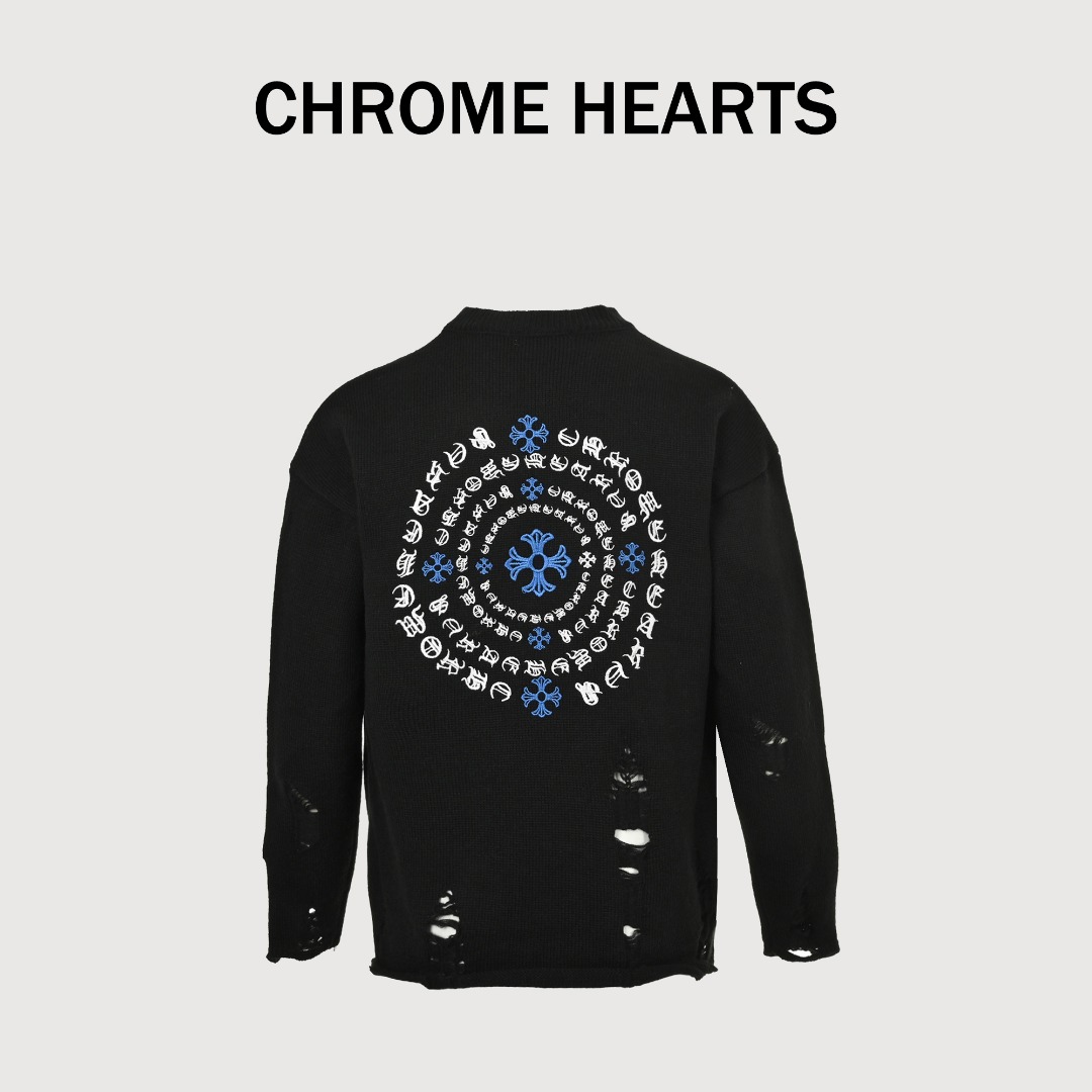 本地自取💰260
Chrome Hearts CH 克罗心25ss刺绣圆盘梵文十字架破洞针织毛衣套头

好看到掐人中的款式男女同款搭配黑白色太出片 

实物好看 上身好看 日常穿好看 拍照更出片 
很难不买 给我买它!!! 

相信我 谁也拒绝不了这样一个机长款的克罗心外套 
在老版本的基础上扩大了版型 上身宽松有型 下摆外扩休闲款设计 胖人显瘦到极致 瘦人限高有档次 

万元ZP打版 1:1完美还原 单穿叠穿都好看 男女都可以轻松驾驭 

如果你更在意品质 也要尊重价格 和市面上那种薄的透底一穿起球的垃圾货完全不是一码事 如果说款式让你一眼发亮 那品质才是你更应该关注的点 相比价格我们抓的是品质 我家货拿过的客户懂得都懂

️️️市面上毛衣普遍是苞芯纱材质 我们用的是莫代尔 相比包芯纱的优点很直观： 成本高 价格高 密度高 比较费开发者的钱 让我们少赚了很多 另外就是细腻 上身不渣 抗起球 高档 我们是良心做货人 不用包芯纱 包芯纱除了便宜以外 其他的真的一无是处 缩水起球勾线扎人 他样样精通 

2024年了 谁穿衣服不希望出门有面儿 板板正正？质量决定上身效果 质量差再好的款式也是城乡结合部气质 我们只做长久生意 质量决定人品 拿回去放心穿放心洗 版型品质绝对让你眼前一亮 只做对版高品质 做高货硬货 拒绝垃圾货 拒绝快餐货 良心品质 良心价格 你值得拥有 ！

颜色：黑色 米色 灰色
尺码:S M L