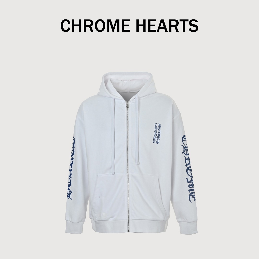 本地自取💰270
CHROME HEARTS克罗心CH 蓝字印花拉链连帽卫衣外套
定制全棉绒感卫衣布，采用胶浆印花 ，印花经过三次菲林网板修改，使用胶浆液体涂料在织物上打印图案，烘烤织物以固定印刷图案，面料都经过浇洗，手感质感更佳，不易变形，不易缩水，不易褪色，定制辅料，宽松版型
Size：S-XL