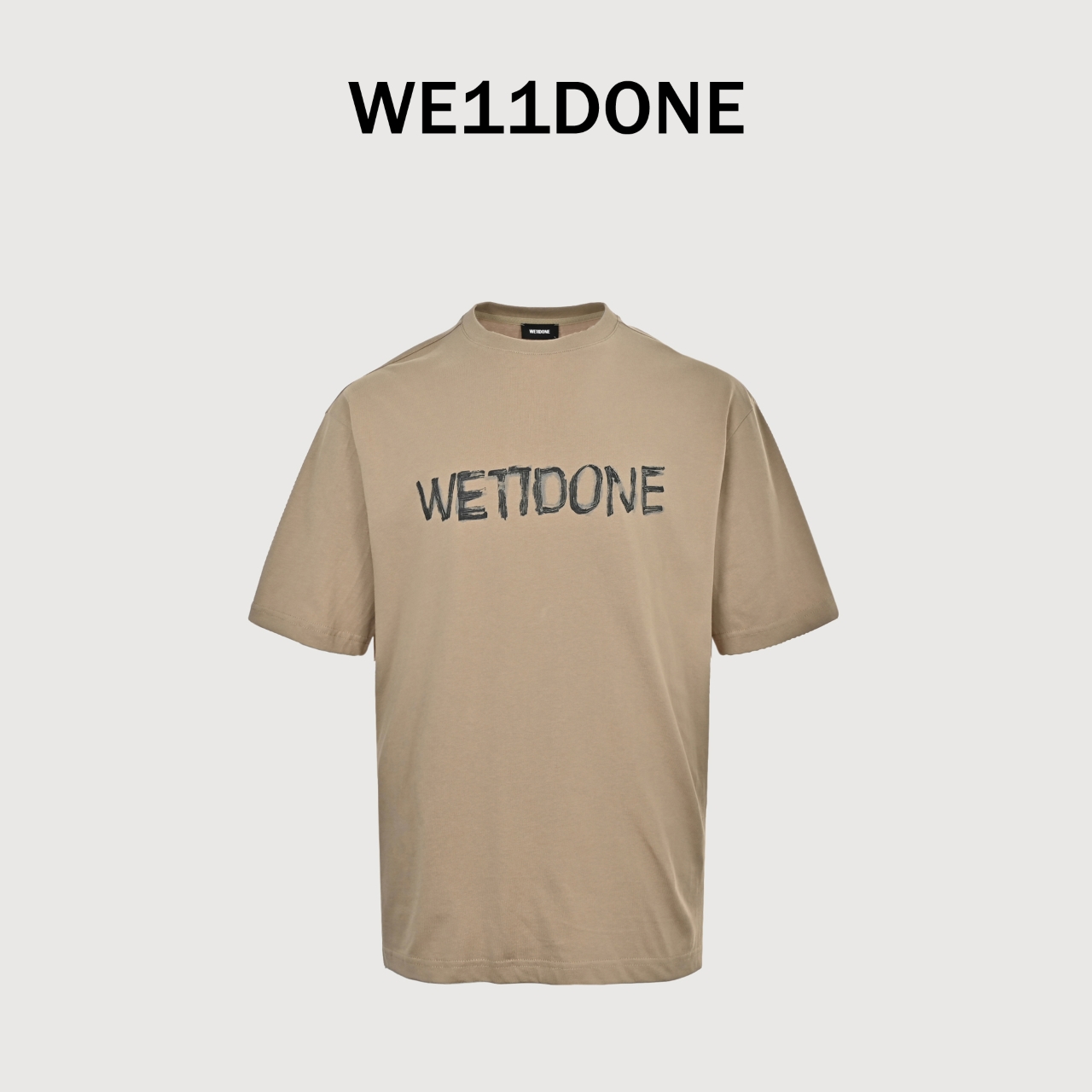WE11DONE 26SS 新款趣味手绘Logo速写情侣短袖T恤 灰色 卡其色