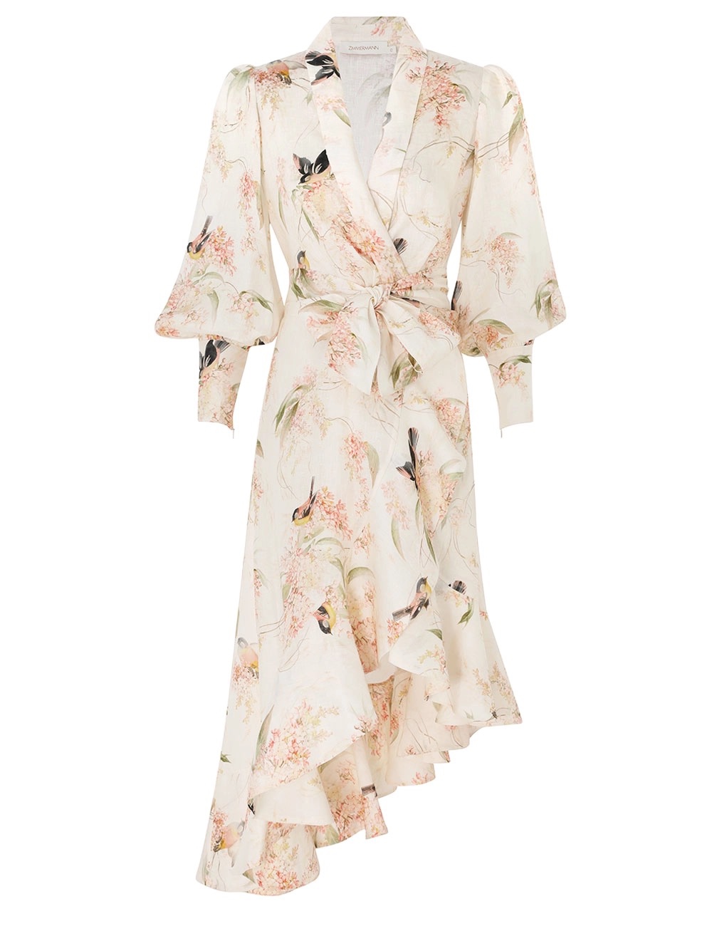 Zimmermann's white bird-print linen dress features a wrapped bodice that ties with a wide belt and falls to a midi skirt with cascading ruffles.