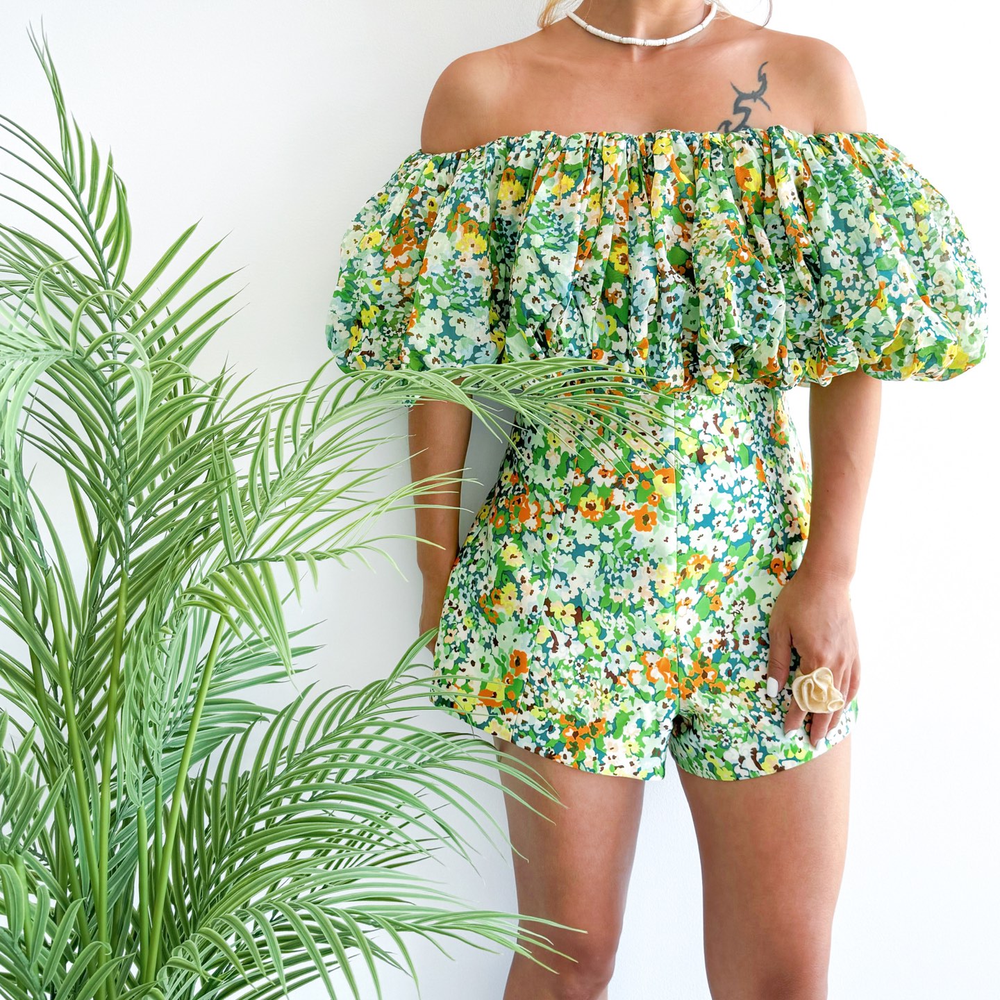 Zimmerman Floral Off-Shoulder Romper Green