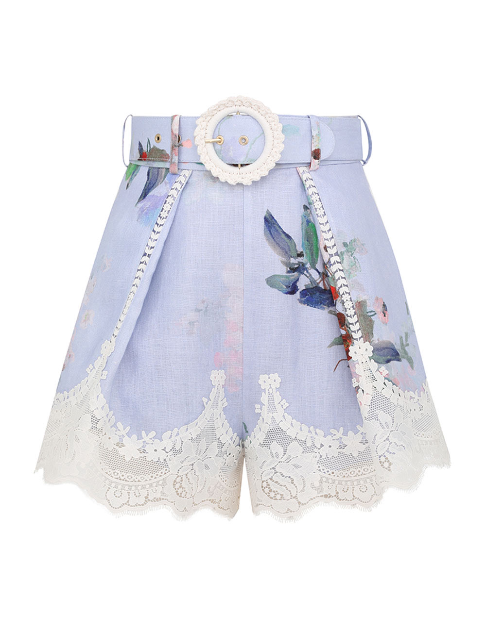 Zimmerman The Everley Lace Trim Tuck Short in Light Blue Watercolour Floral f...