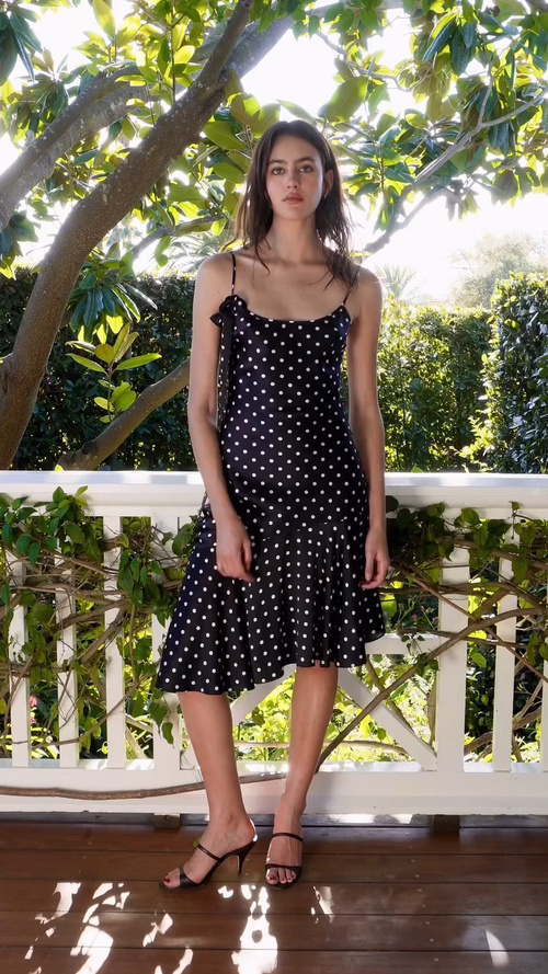Elegant Polka Dot Satin Slip Dress - Summer Chic, Adjustable Straps, Midi Length 1 Elegant Polka Dot Satin Slip Dress - Summer Chic, Adjustable Straps, Midi Length