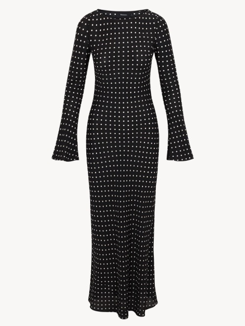 Gia Black Polka Dot Long Sleeve Maxi Dress - Refined 70's Elegance 1 Gia Black Polka Dot Long Sleeve Maxi Dress - Refined 70's Elegance