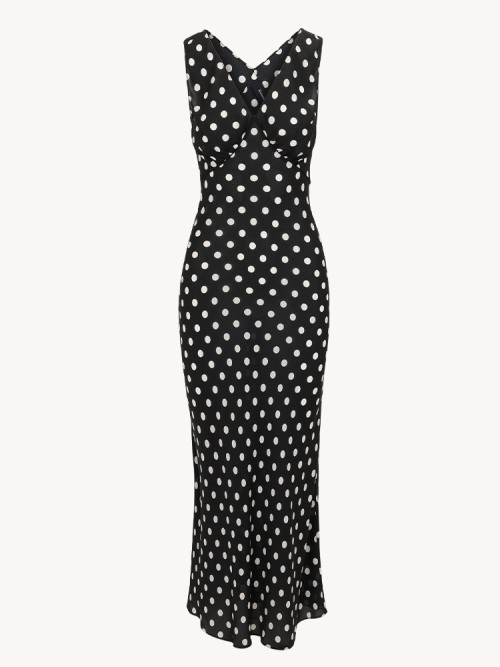 Delphine Black and White Polka Dot V-Neck Maxi Dress - Body Hugging Silhouette 1 Delphine Black and White Polka Dot V-Neck Maxi Dress - Body Hugging Silhouette
