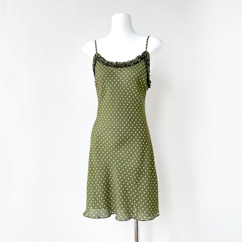 Silk Polka Dot Mini Dress, Sleeveless Spaghetti Strap Dress - Olive Green 1 Silk Polka Dot Mini Dress, Sleeveless Spaghetti Strap Dress - Olive Green
