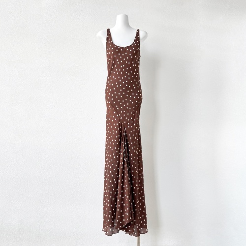 Elegant 100% Silk Brown Polka Dot Maxi Dress - Sleeveless & Flowing 1 Elegant 100% Silk Brown Polka Dot Maxi Dress - Sleeveless & Flowing