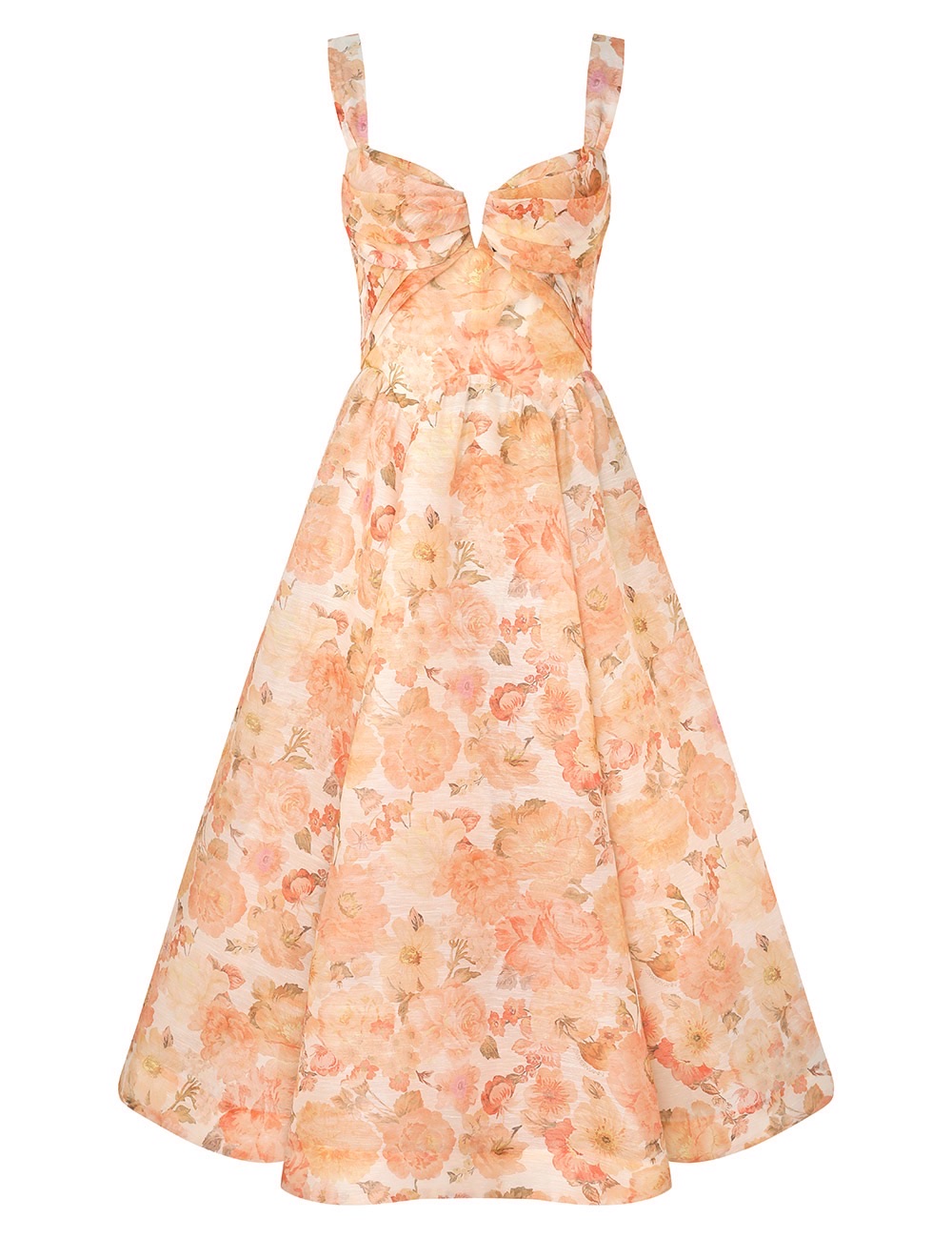 Zimmerman This golden floral-patterned REBELLION Ruched Midi Dress is from our