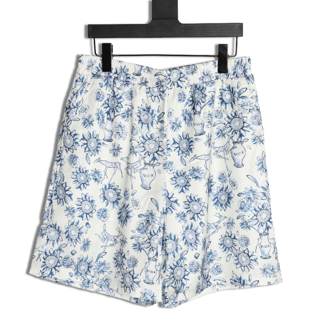 Dior Blue and White Porcelain Print Silk Shorts Unisex Summer Collection