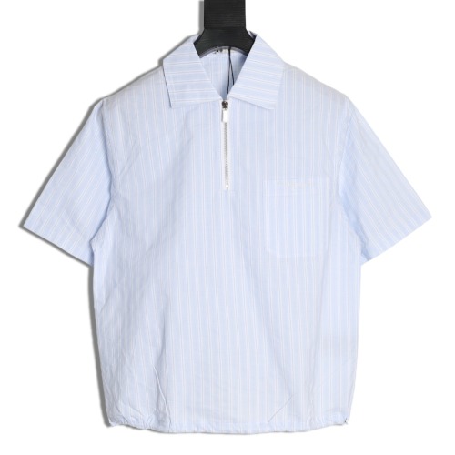Dior 24SS Striped Half-Zip Short Sleeve Shirt in White and Blue 1 Dior 24SS Striped Half-Zip Short Sleeve Shirt in White and Blue
