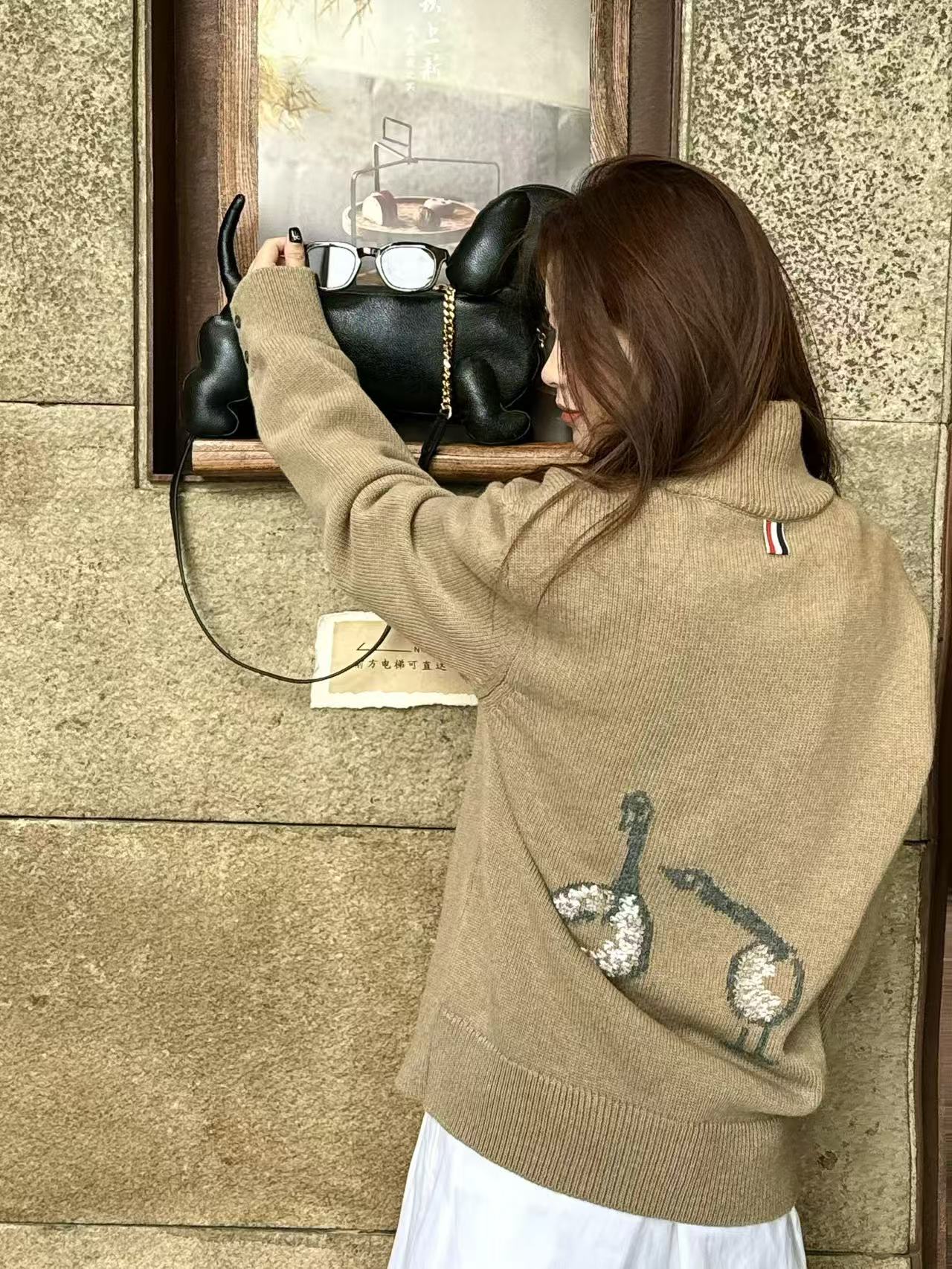 THOM BROWNE 汤姆布朗 TB 25FW 大鹅半拉链毛衣 上身效果#