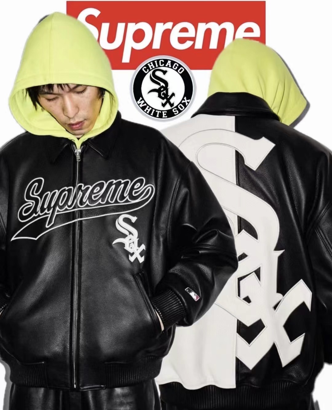 💰400🔥 Supreme x Chicago White Sox 联名款 FW25 Leather Varsity Jacket 皮革徽标贴花拉链校队皮衣夹克外套 男女同款
原版购入开发 精选仿真荔枝皮 更适合日常穿着 防水防污材质 更易打理 所有细节辅料全部一一还原
颜色：黑色 粉色
尺码：S M L XL（175 145穿M）
          肩宽   衣长  胸围    袖长
S        58       65      132    61
M       60       68     136    62
L        61       70      140    63
XL      62       72      144    64