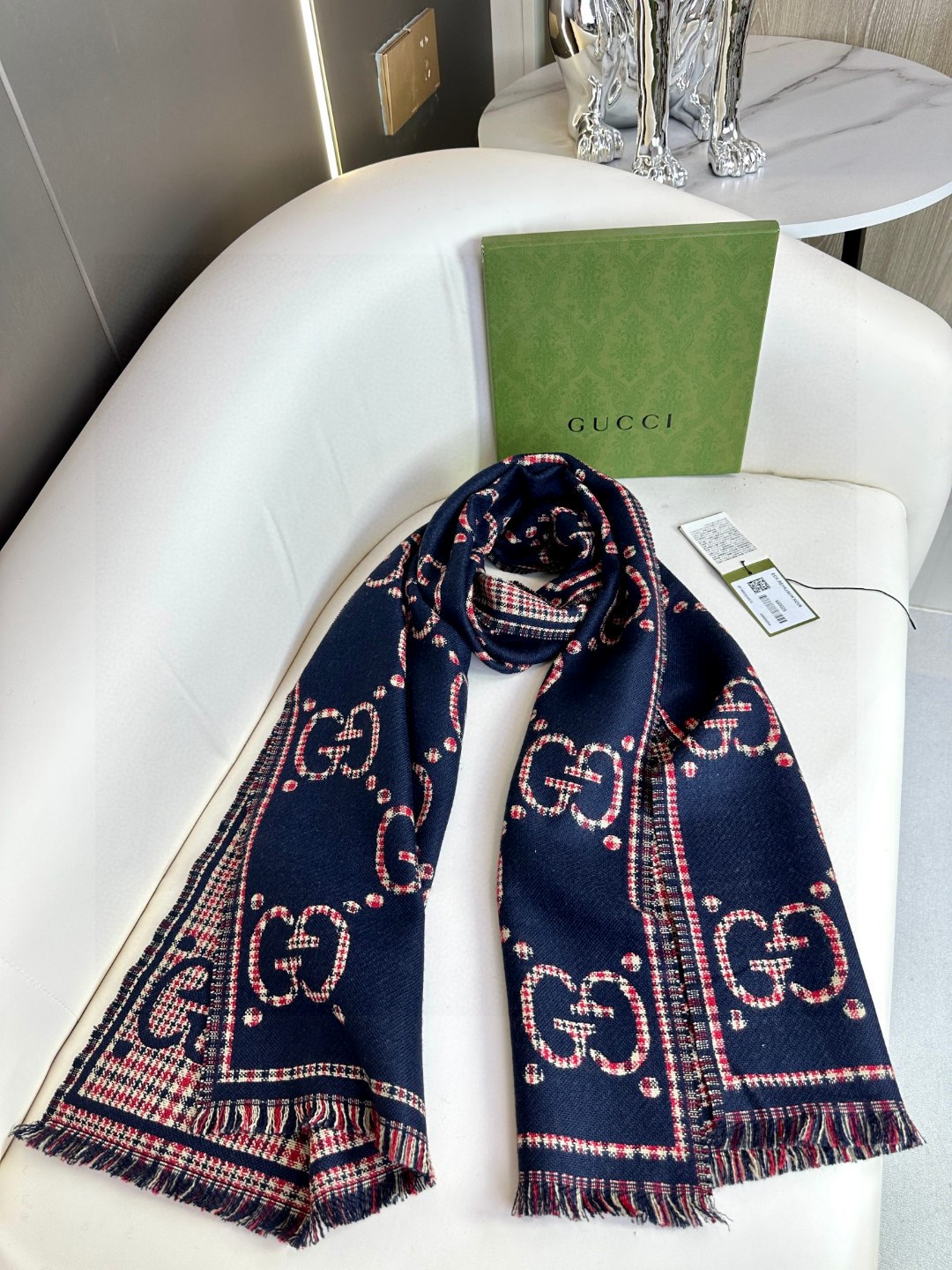 高版本！GG图案中的经典王‼️渠道原单正品♥️ 稀有的原标齐全！官网同款货号，配有流苏饰边的精致双面提花