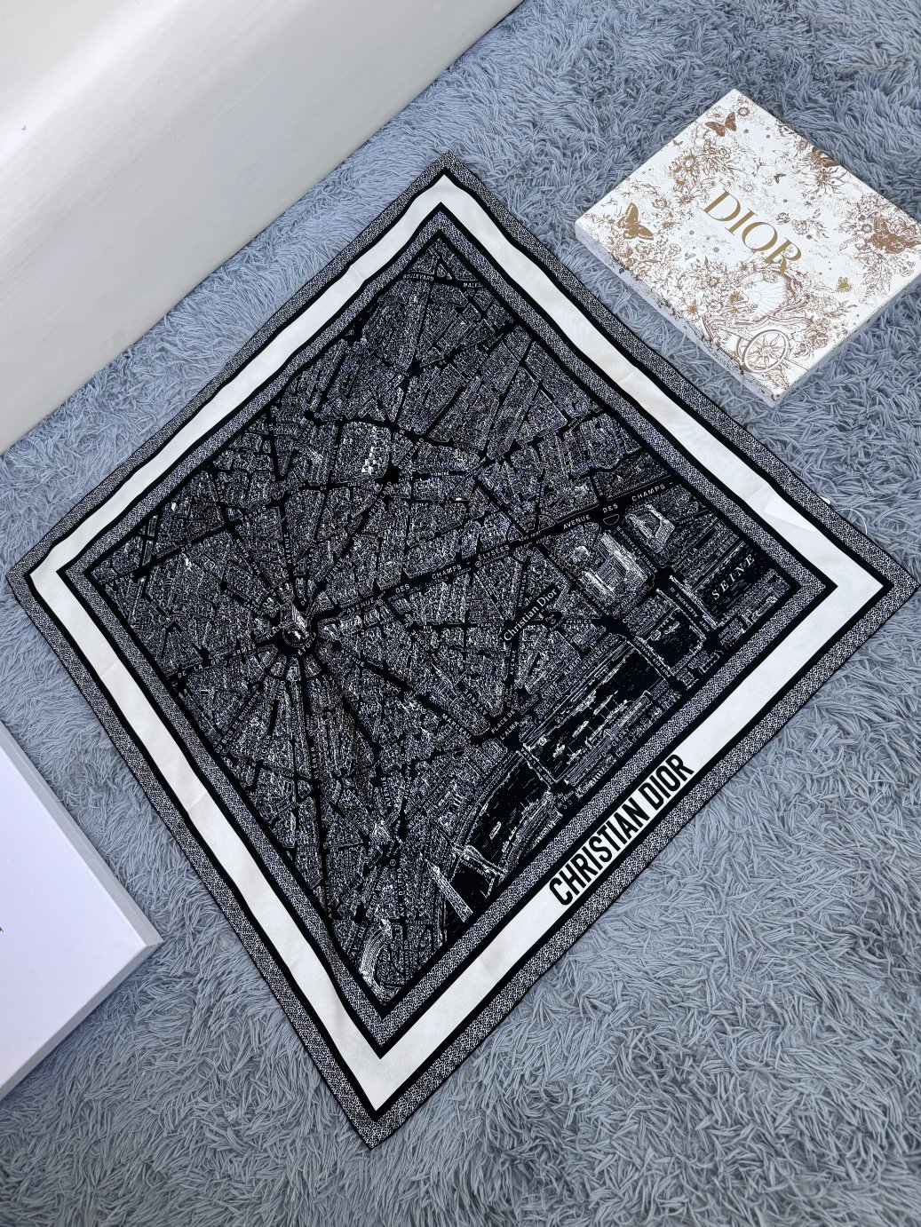 DIOR 巴黎地图 C D标志提花条形图案丝巾