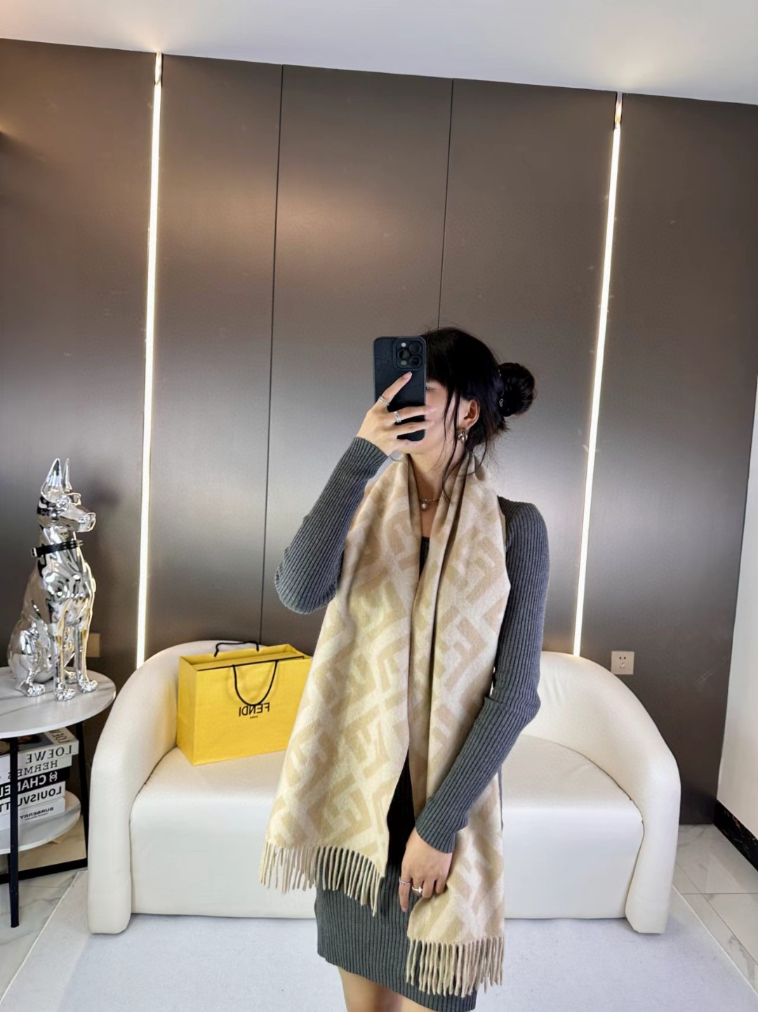 Fendi Brown Cashmere Blend FF Jacquard Scarf Women's Elegant Tassel Shawl